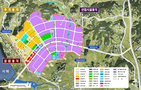 장항국가생태산업단지 토지이용계획도로 주거용지, 상업용지, 산업시설용지로 구부됩니다.